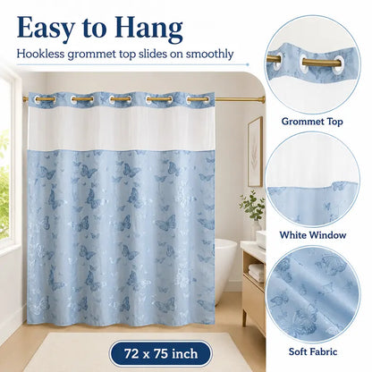 Butterfly no-hook shower curtain with sheer window
