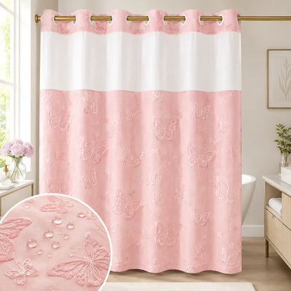 Butterfly no-hook shower curtain with sheer window