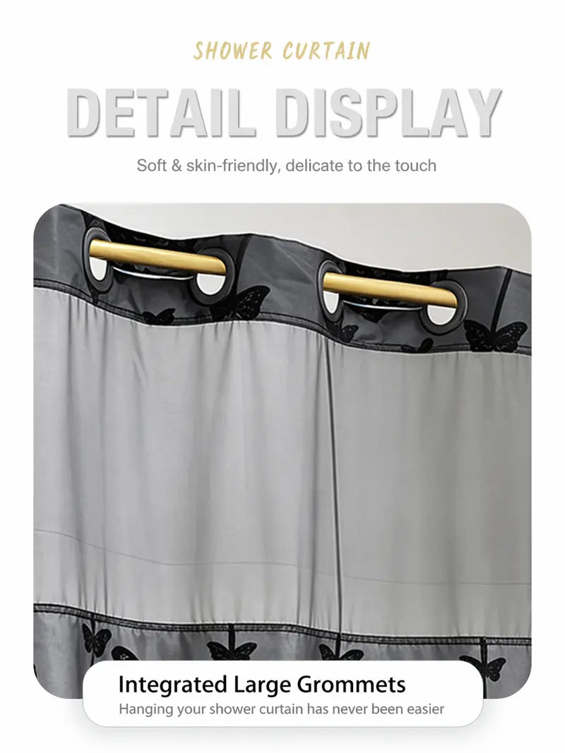 Butterfly no-hook shower curtain with sheer window