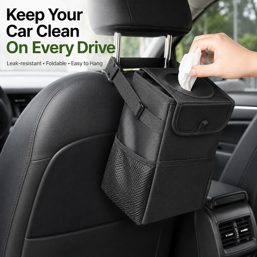Foldable hanging car trash can installed behind car seat