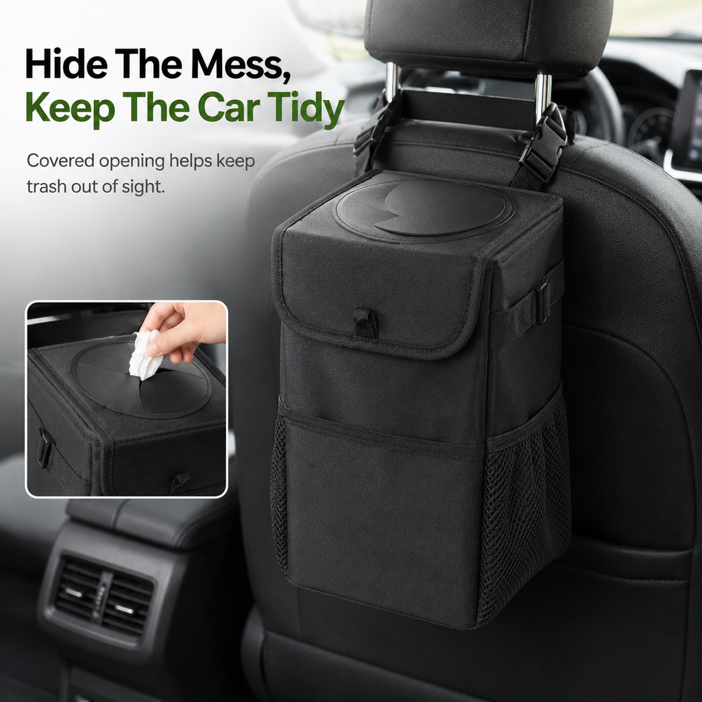 Hanging car garbage bin with adjustable strap