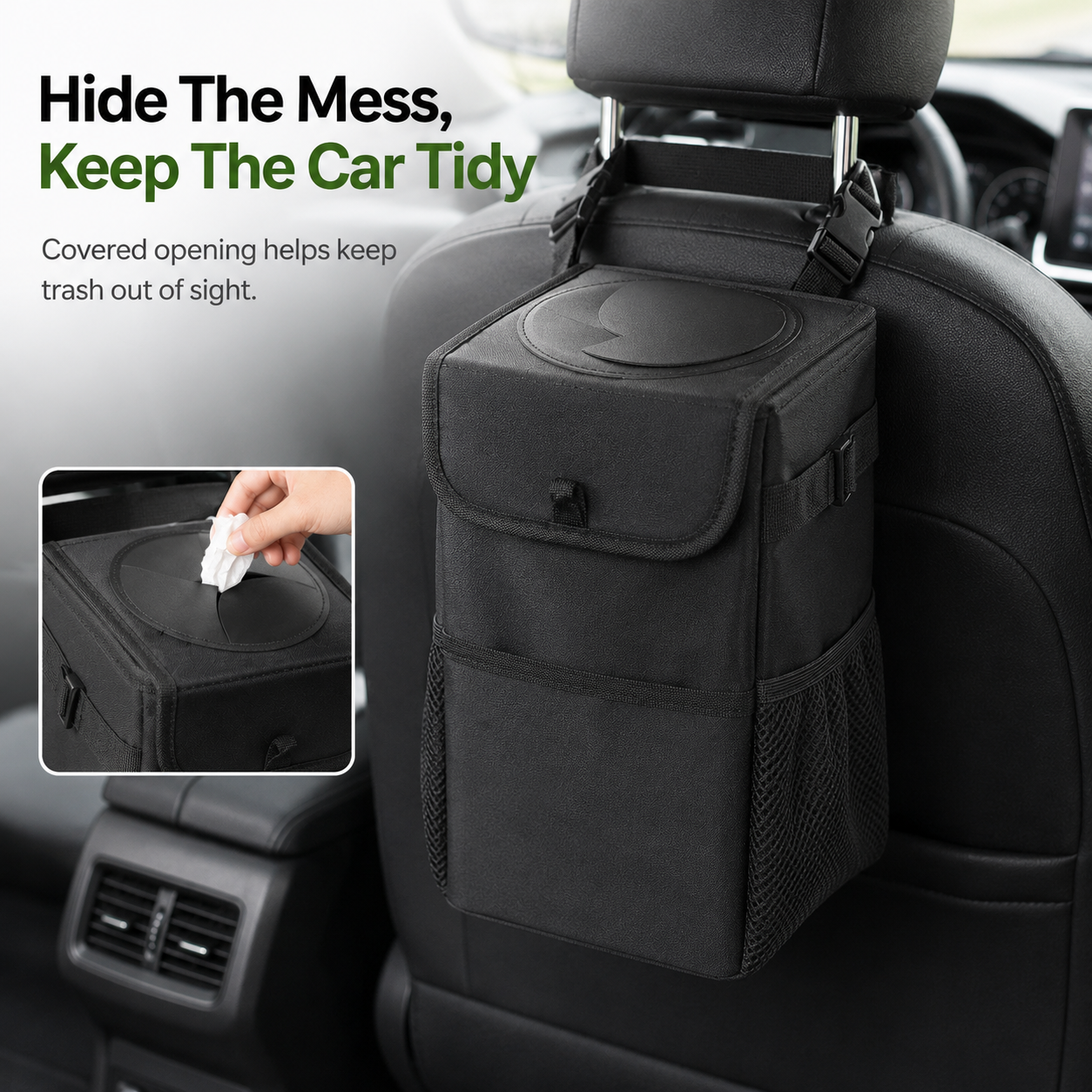 Hanging car garbage bin with adjustable strap