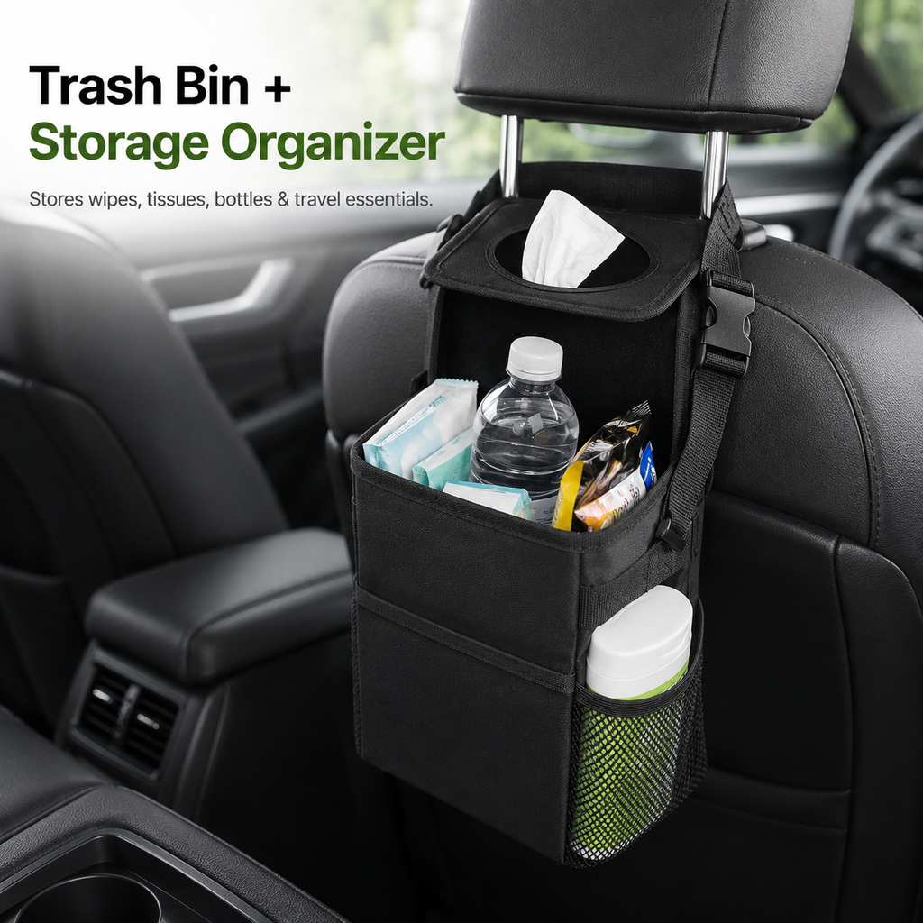 Compact car trash can with side mesh pockets