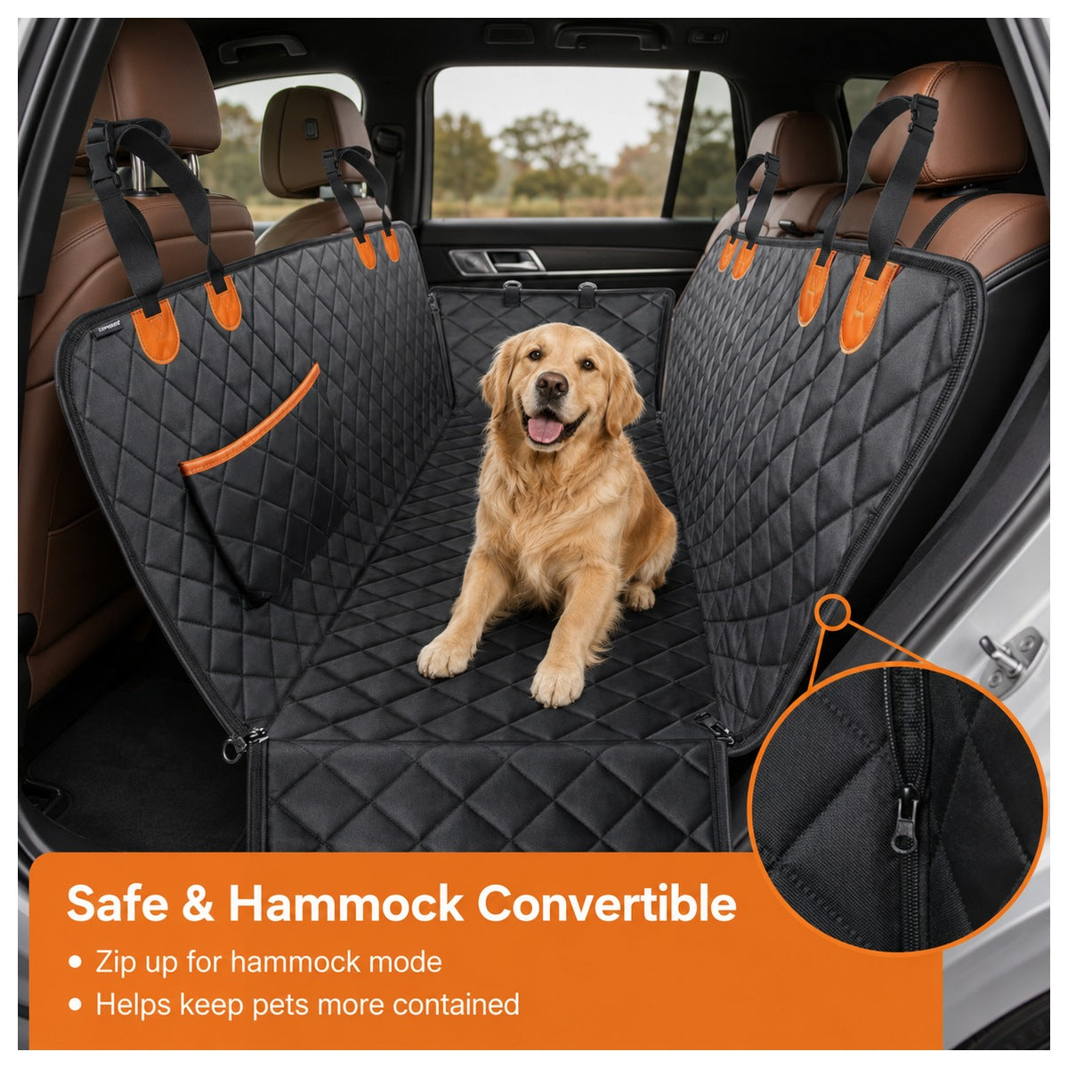 Convertible dog hammock car seat cover with zipper design