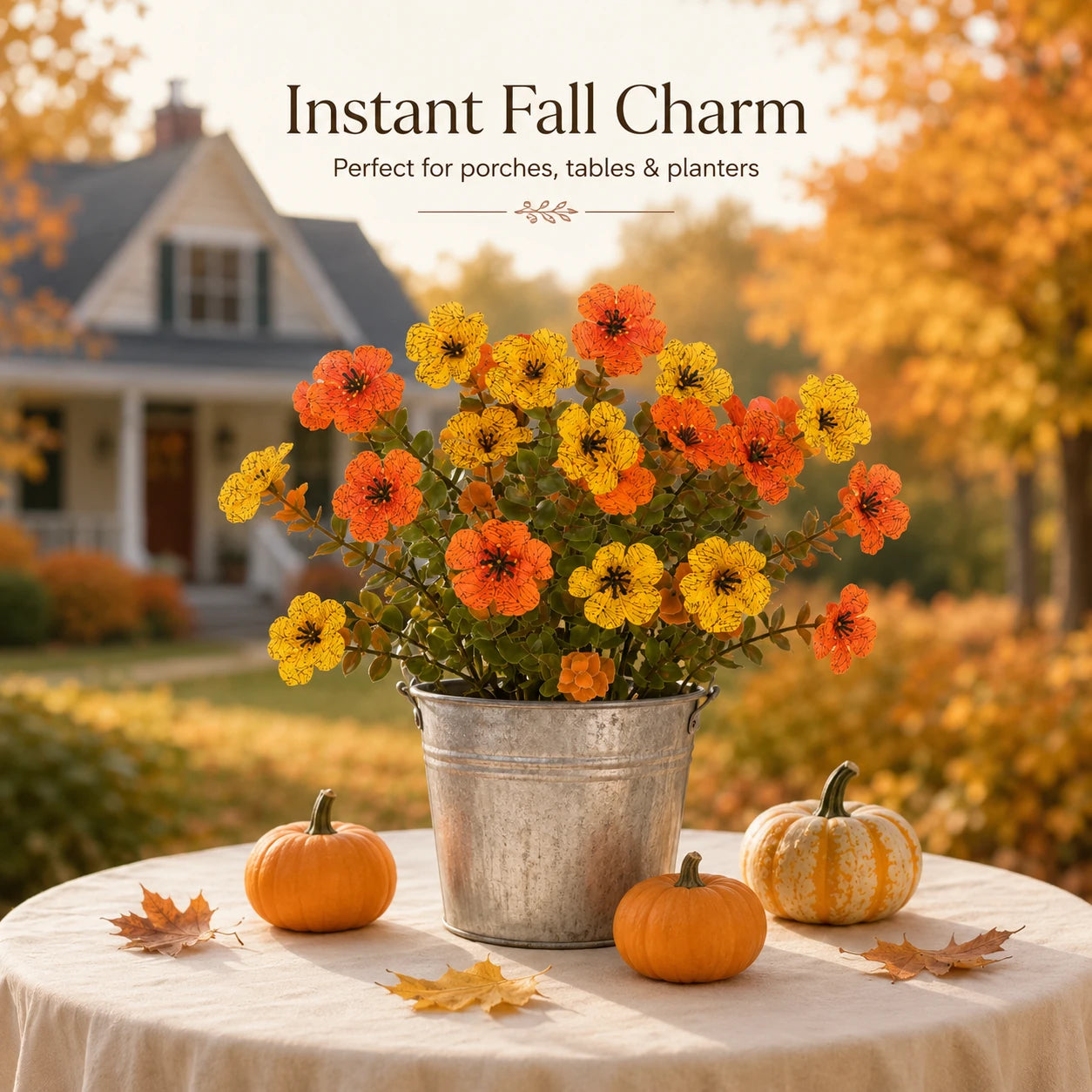 Orange and yellow autumn faux flowers arranged in a planter