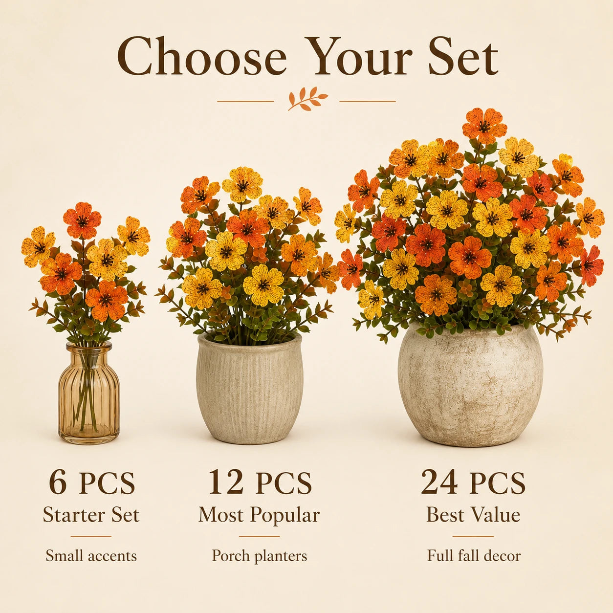 Autumn faux flower stems styled for seasonal decor