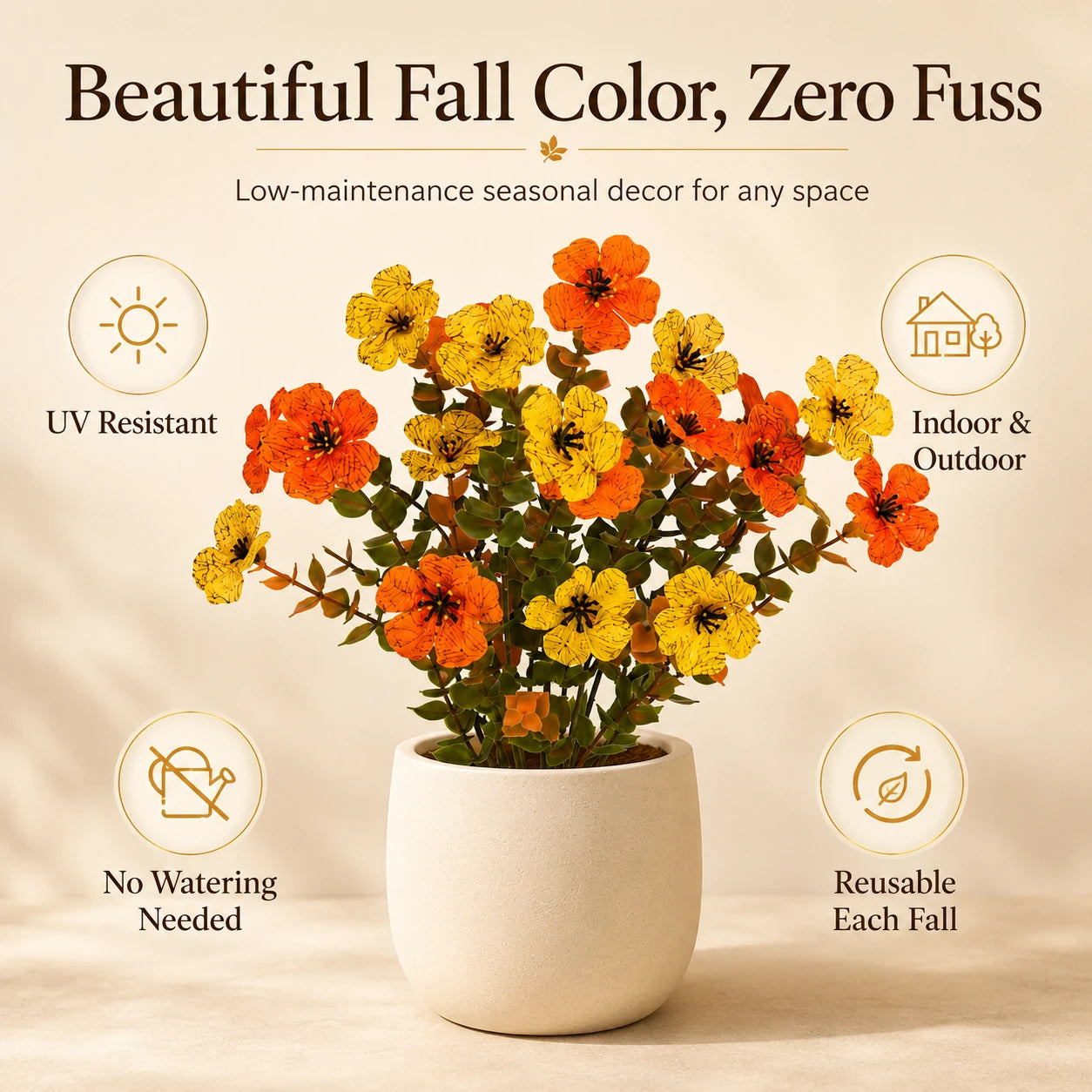 Close view of orange and golden faux flower blooms