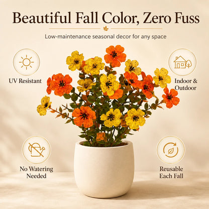 Close view of orange and golden faux flower blooms