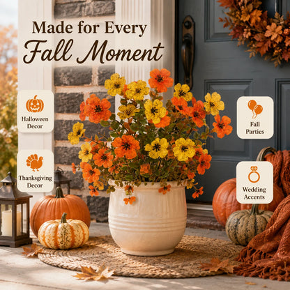 Faux autumn flower arrangement with green foliage