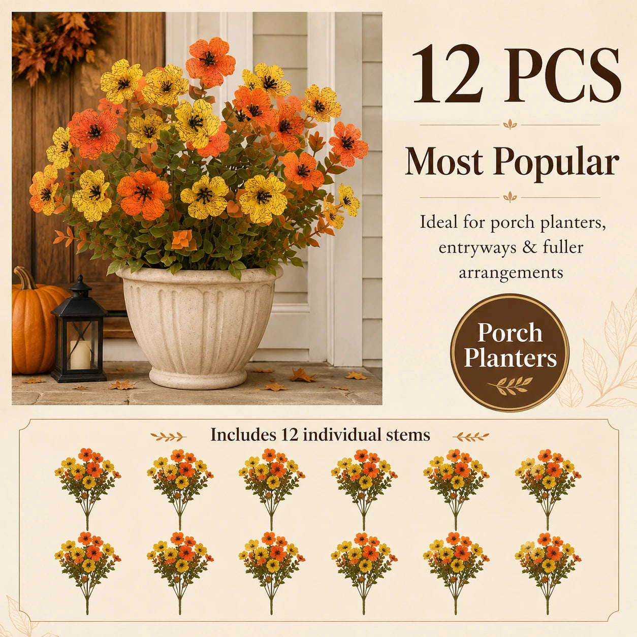 12-piece autumn faux flower set for porch planters