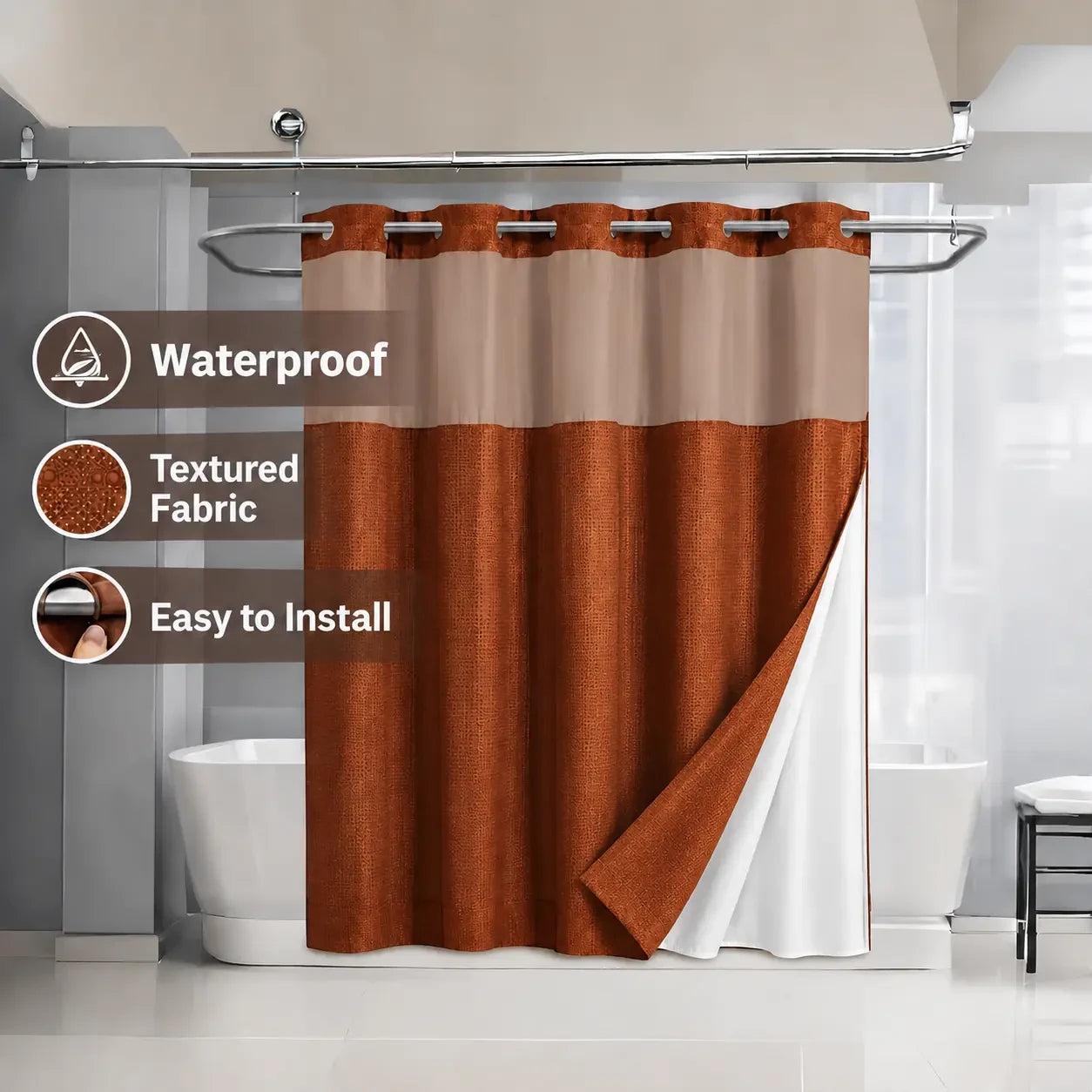 No-hook shower curtain in Brown