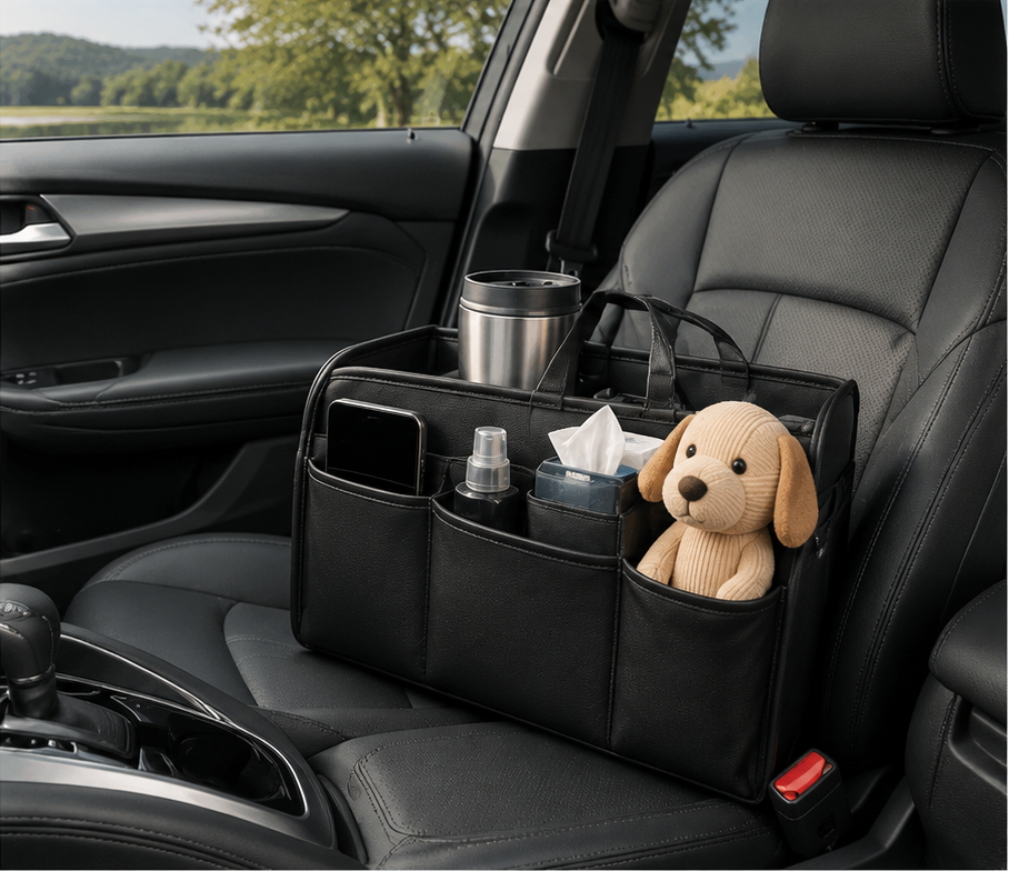 Car interior accessories scene with seat organizer on passenger seat
