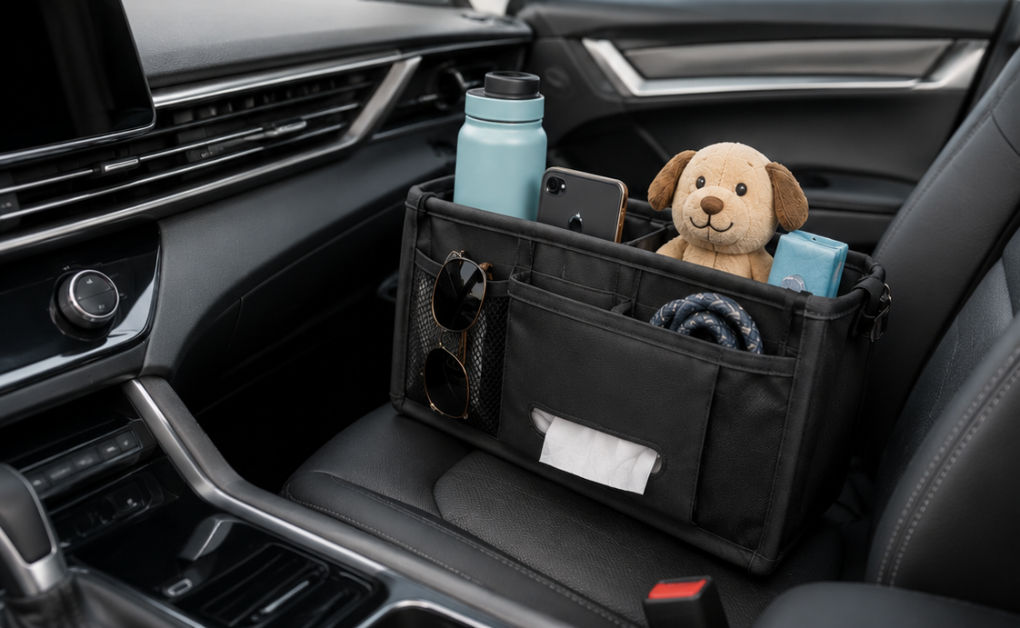 Mobile car interior accessories scene with seat organizer on passenger seat