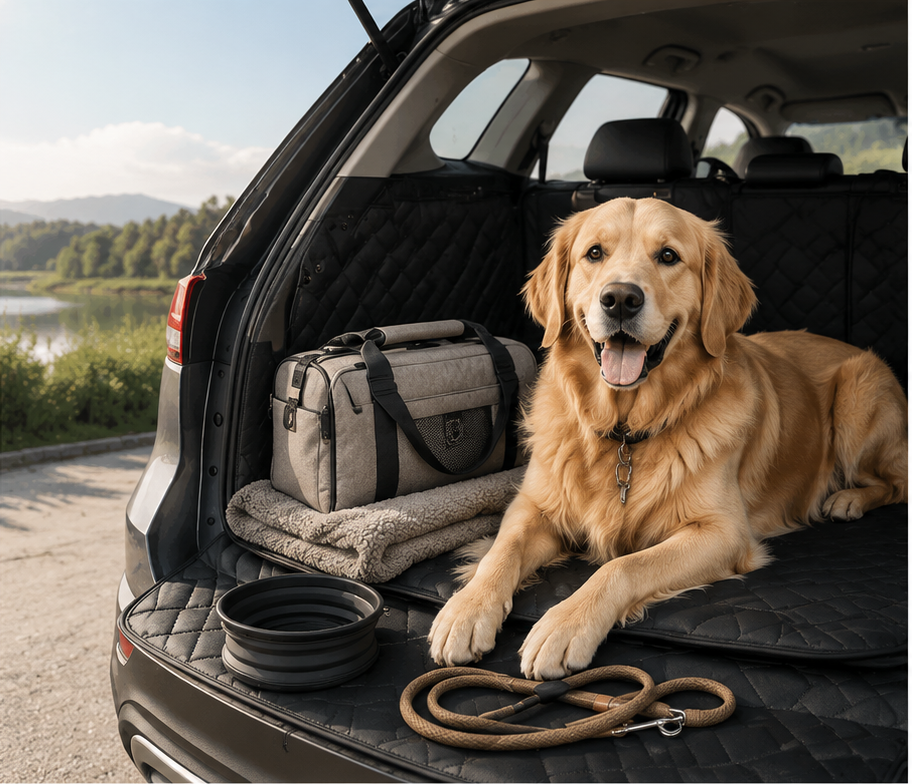 Pet travel essentials scene with dog and travel gear in car cargo area