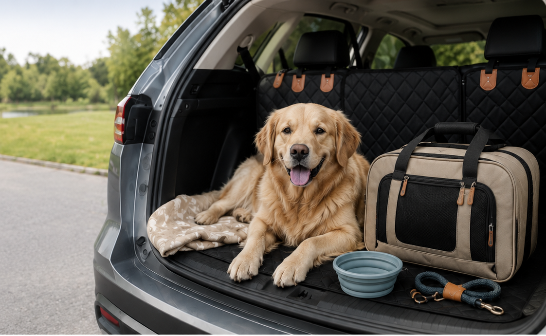 Mobile pet travel essentials scene with dog and travel gear in car cargo area