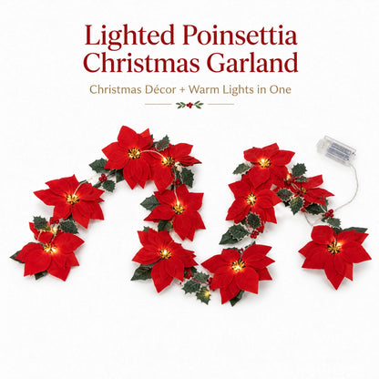 Lighted poinsettia Christmas garland main view