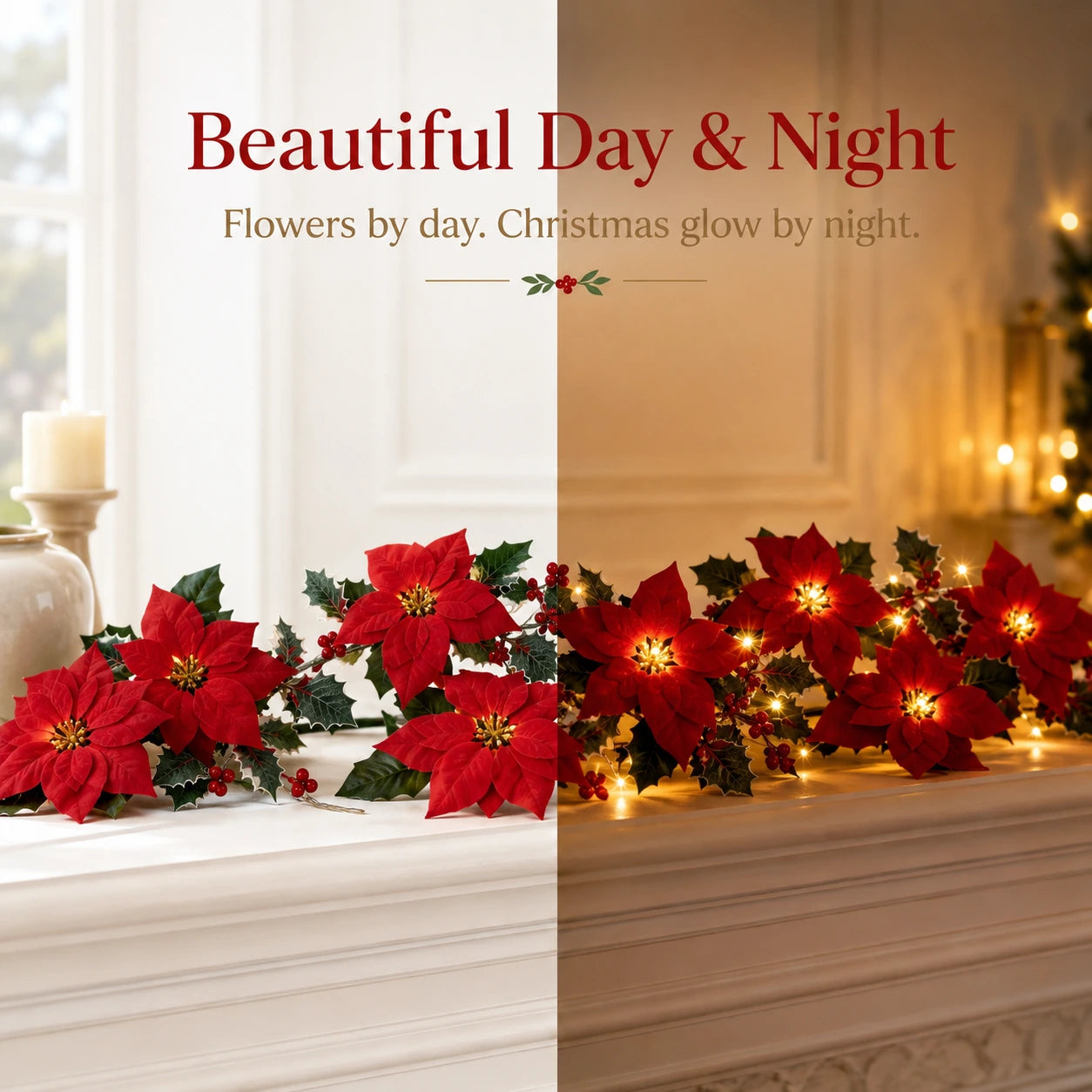 Lighted poinsettia garland day and night