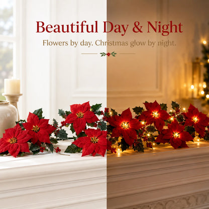 Lighted poinsettia garland day and night