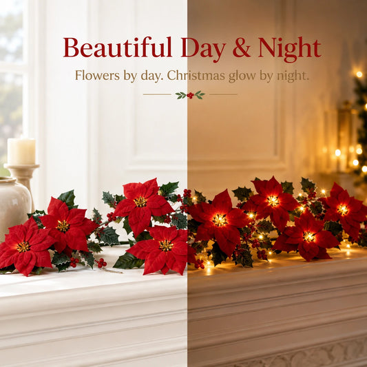 Lighted poinsettia garland day and night