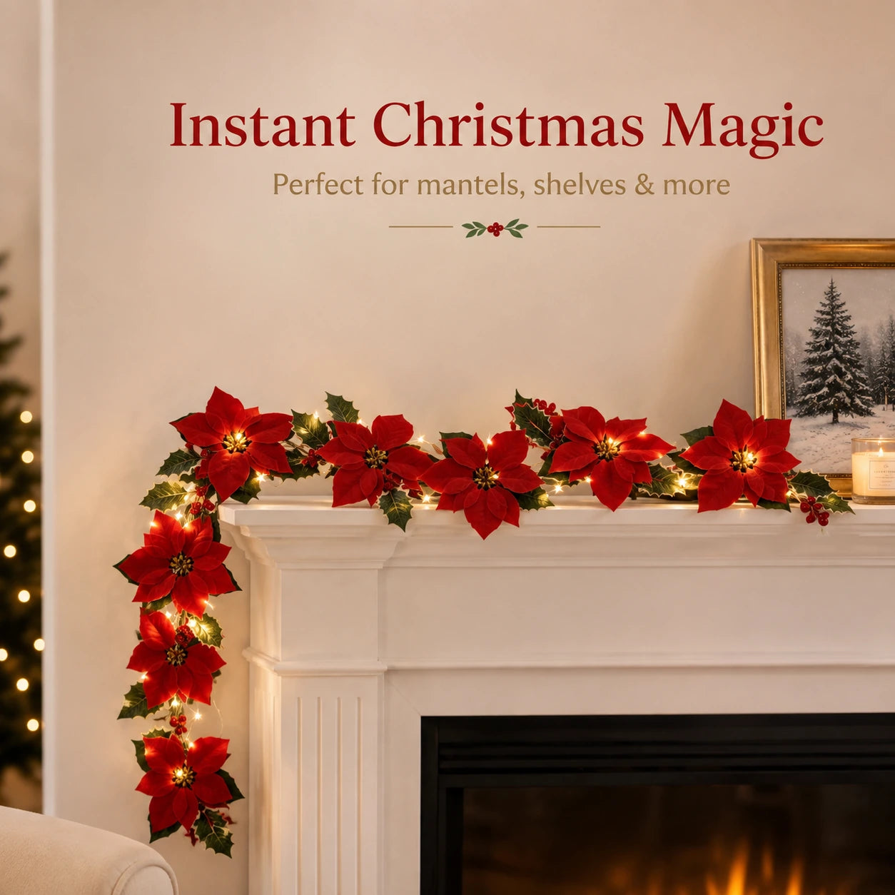 Lighted Christmas garland on mantel