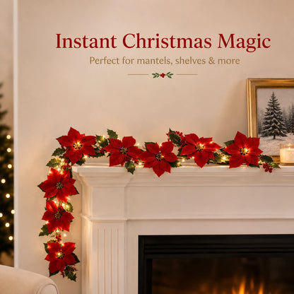 Lighted Christmas garland on mantel