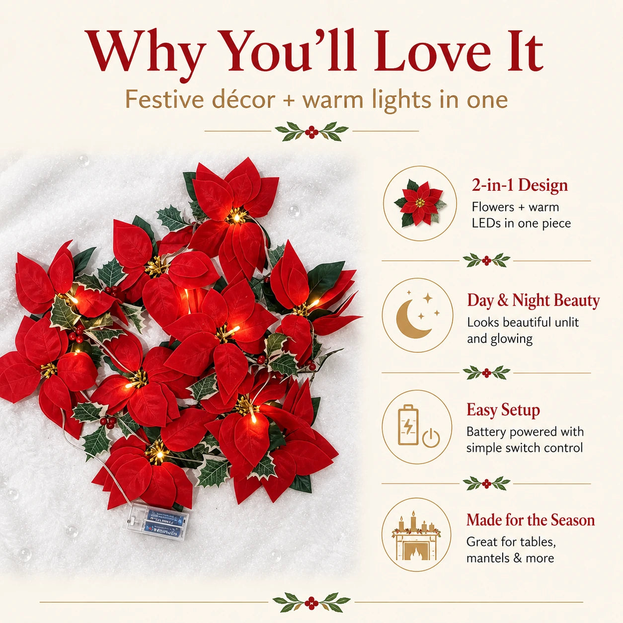Poinsettia garland decor and lights detail