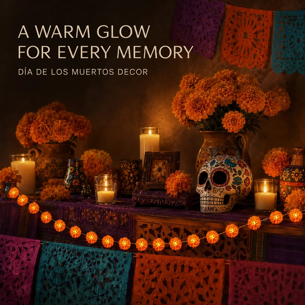 Warm marigold lights displayed with Dia de los Muertos remembrance decor