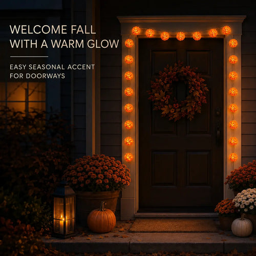 Marigold lights arranged around a fall doorway