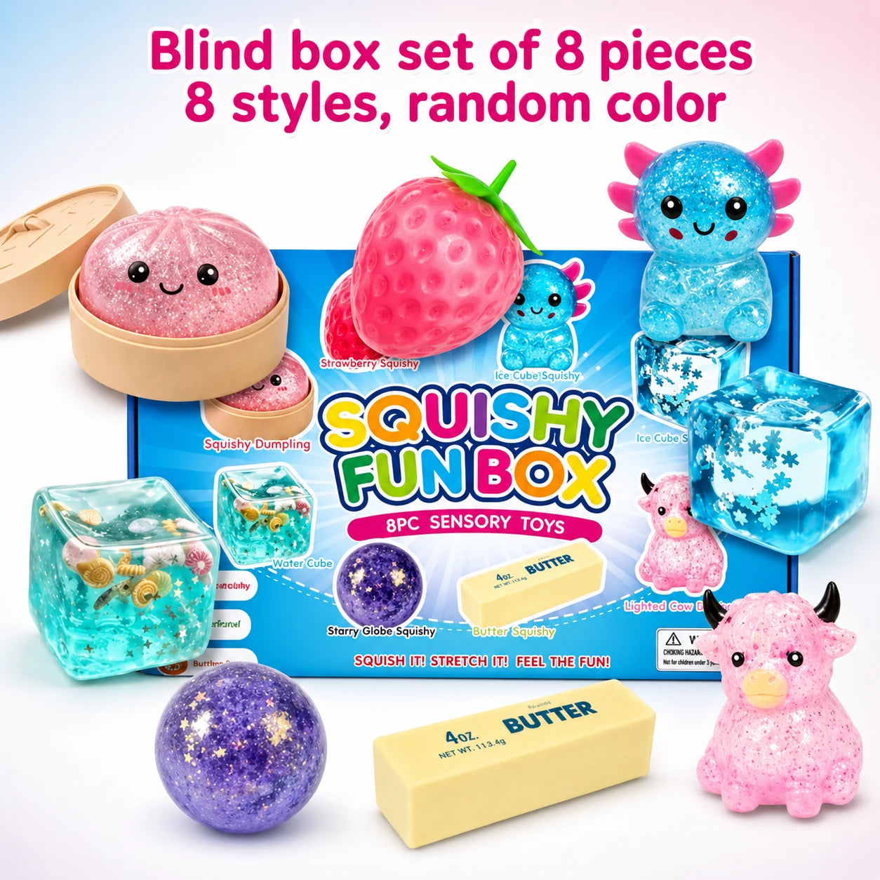 Blind box set of 8 squishy styles random color