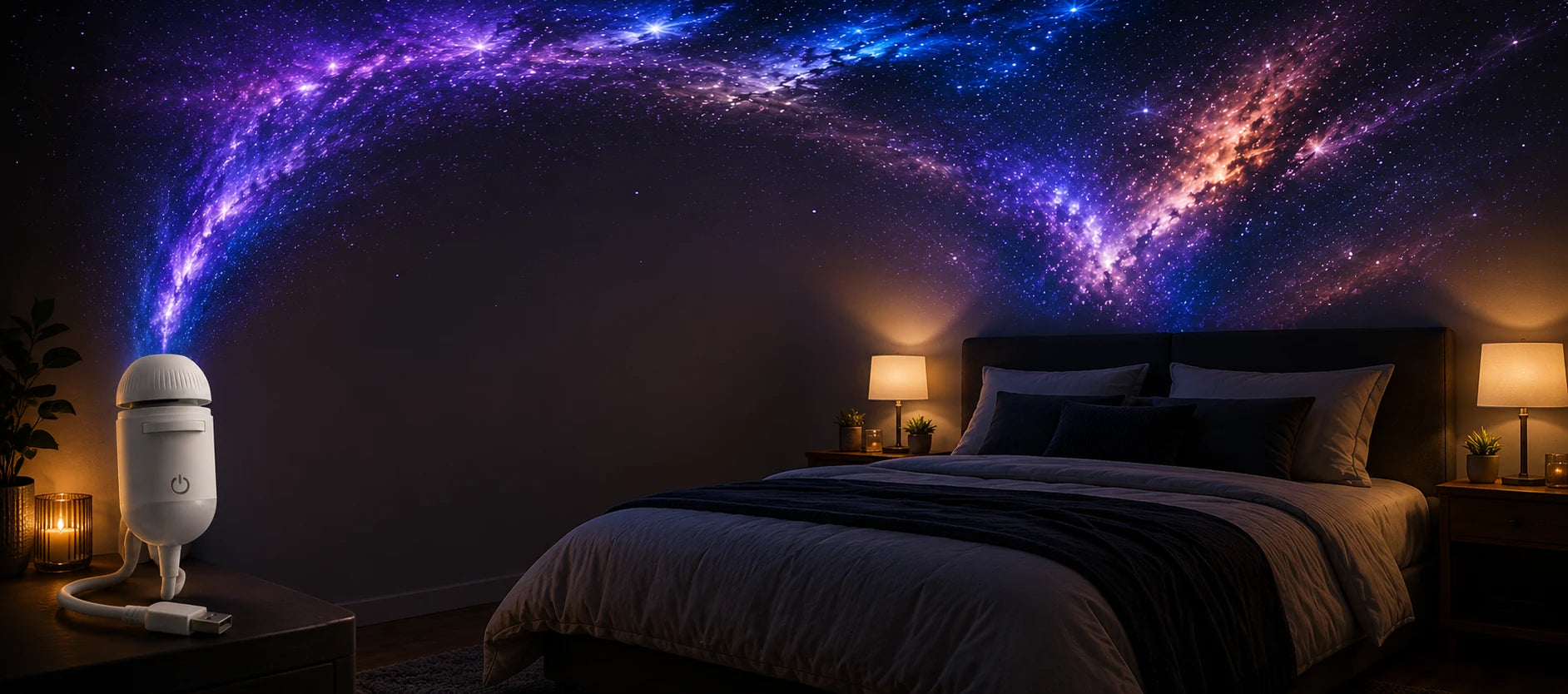 USB galaxy projector creating a starry bedroom scene